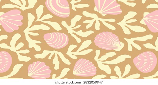 and-drawn seamless pattern with pink seashells and beige sea corals or algae on a warm sandy background. Ocean marine vector background in pastel aesthetic for textile, wallpaper, wrapping paper, and summer design.