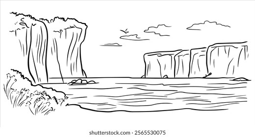 and-drawn sketch of coastal cliffs with ocean waves and sky