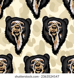 Andean bear or "oso de anteojos" in spanish seamless pattern with organic forms at background