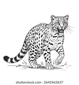 Gato Andino - Leopardus jacobita. Uma majestosa ilustração de leopardo com um padrão de manchas detalhadas em todo o seu corpo. O leopardo está em um terreno terrestre, capturando seu habitat natural e artista
