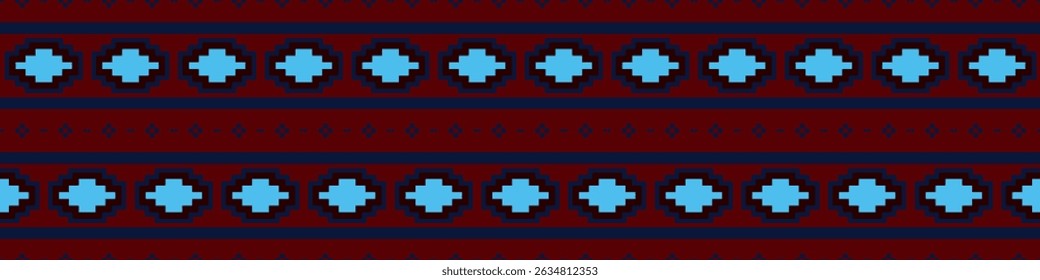 Andean chakana border pattern vector in red and light blue. Light blue chakana border pattern with Andean cross symbols in a repeating stripe. On a red background. For ethnic and cultural elements.