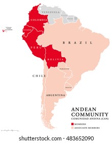 Andean Community countries map, a trade bloc. Comunidad Andina, CAN, customs union comprising the South American countries Bolivia, Colombia, Ecuador, Peru and five associate members. Andean Pact.