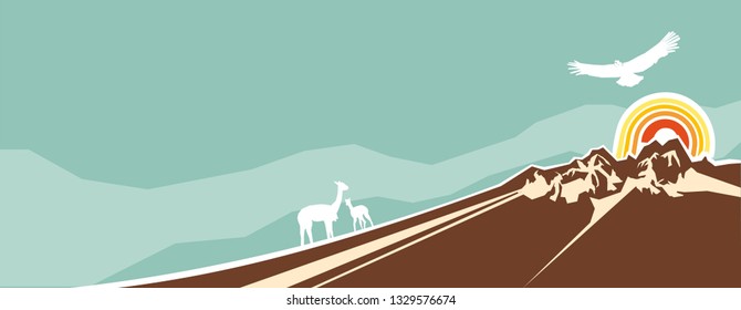 Andes mountain background with a llama and condor in silhouette