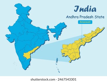 Mapa del localizador de Andhra Pradesh que muestra el distrito y su capital. Mapa político del estado indio de Andhra Pradesh con distritos. Esquema político del estado de Andhra Pradesh.