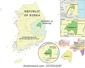 Andong-si (Andong) location on Gyeongsangbuk-do (North Gyeongsang Province) and Republic of Korea (South Korea) map. Colored. Vectored