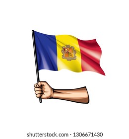 Andora flag and hand on white background. Vector illustration