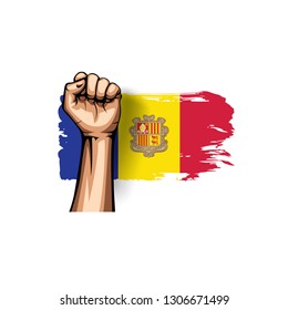 Andora flag and hand on white background. Vector illustration