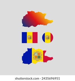 Andorra 1949 national flag and map vectors set....