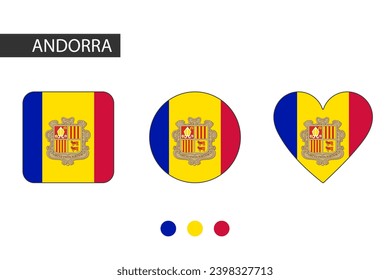 Andorra 3 shapes (square, circle, heart) with city flag. Isolated on white background.