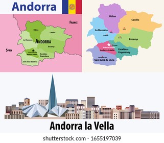 Andorra administrative divisions map. Flag of Andorra. Cityscape of Andorra la Vella. Vector illustration