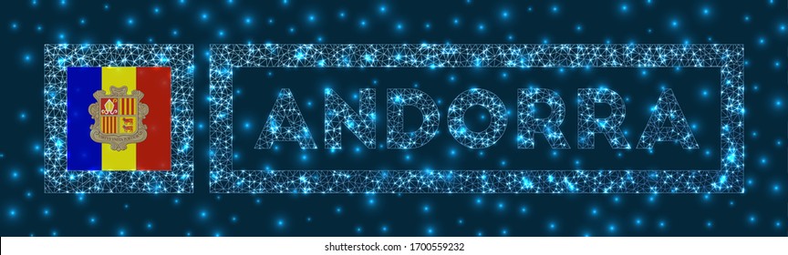 Andorra badge. Flag of Andorra in glowing network geometric style. Awesome vector illustration.