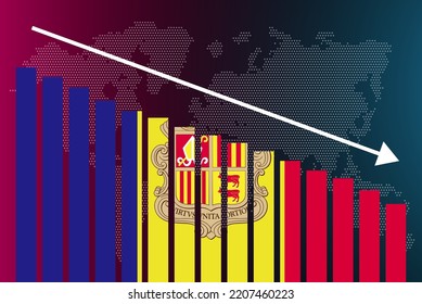 Andorra bar chart graph, decreasing values, crisis and downgrade concept, Andorra flag on bar graph, down arrow on data, news banner idea, fail and decrease, financial statistic