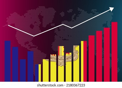 Gráfico de barras de Andorra con altibajos, valores crecientes, bandera de Andorra en el gráfico de barras, flecha ascendente en los datos, idea de banner de noticias, concepto de país en desarrollo