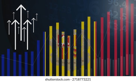 Andorra gráfico de barras con altibajos, valores crecientes, bandera del país de Andorra en gráfico de barras, flecha ascendente hacia arriba en los datos, idea de Anuncio de noticias, concepto de país en desarrollo