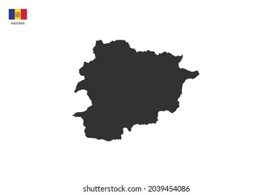 Andorra black shadow map isolated on white background with Andorra icon flag on the left corner.