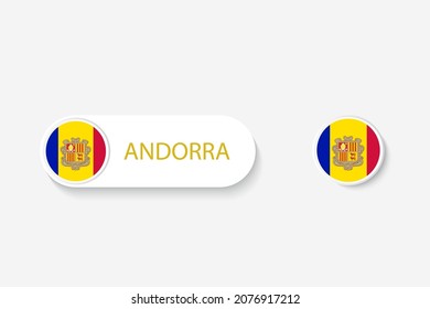 Bandera botón de Andorra en la ilustración de forma ovalada con la palabra de Andorra. Y la bandera de botón de Andorra. 