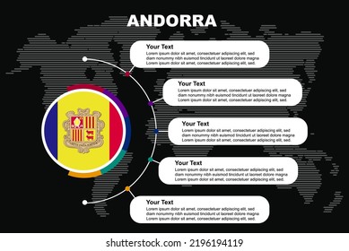 Andorra circle infographic with information text spaces, black background with world map, Andorra circle country flag, presentation graphic idea, info and data template for countries