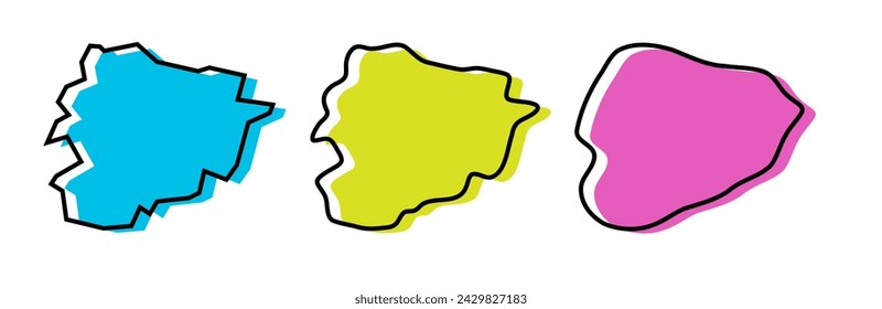 Andorra country black outline and colored country silhouettes in three different levels of smoothness. Simplified maps. Vector icons isolated on white background.