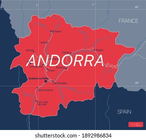 Andorra country detailed editable map with cities and towns, roads. Vector EPS-10 file