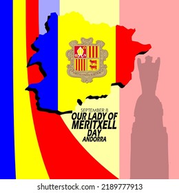 Mapa de Andorra y bandera con silueta de estatua de la Señora de Meritxell y texto en negrita para conmemorar el Día de Nuestra Señora de Meritxell el 8 de septiembre en Andorra