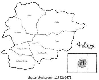 Andorra Country Map Flag Vector Illustration Hand Drawn Cartoon Art