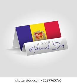 Andorra country paper flag standing on the ground. Happy national day flag design.