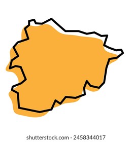 Andorra country simplified map. Orange silhouette with thick black sharp contour outline isolated on white background. Simple vector icon