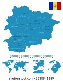 Andorra - mapa azul detallado del país con las ciudades, regiones. Locación en el mapa mundial y el mundo. Iconos infográficos. Ilustración vectorial.