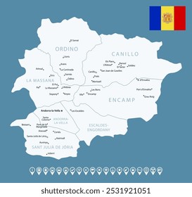 Andorra - detailed country map with cities and regions. Infographic icons. Vector illustration.