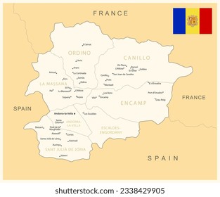 Andorra - detailed map with administrative divisions and country flag. Vector illustration