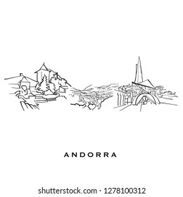 Andorra famous architecture. Outlined vector sketch separated on white background. Architecture drawings of all European capitals.