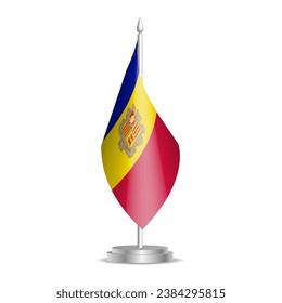 Bandera de Andorra - mini bandera 3D colgada en el asta de escritorio. Se puede utilizar para la presentación en la cumbre o en la conferencia. Ilustración vectorial con sombreado.