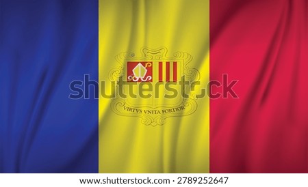 Andorra Flag Abstract Fabric Texture Background with Coat of Arms