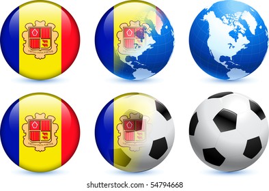 Botón de bandera de Andorra con evento de fútbol global Ilustración original