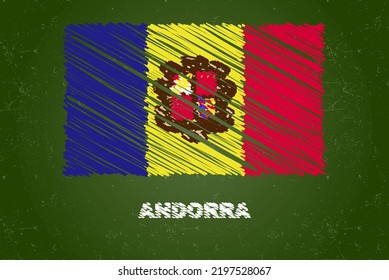 Andorra flag with chalk effect on green chalkboard, hand drawing country flag concept, green blackboard with Andorra flag, chalk texture, flag for kids, classroom material