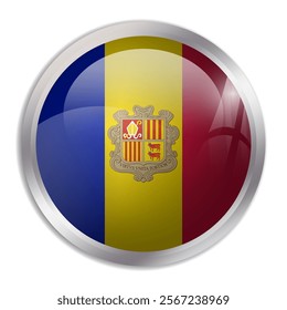 Andorra flag - glossy circle button displays a colorful flag representing a country cultural identity and heritage. The essence of national pride and unity.