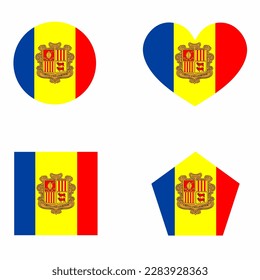 Andorra Flag Symbol in 4 Formversionen gesetzt. Sammlung des nationalen Flaggenzeichens mit quadratischen, kreisförmigen, herzhaften, rechteckigen und fünfeckigen Formen.