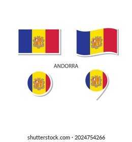Andorra flag logo icon set, rectangle flat icons, circular shape, marker with flags.