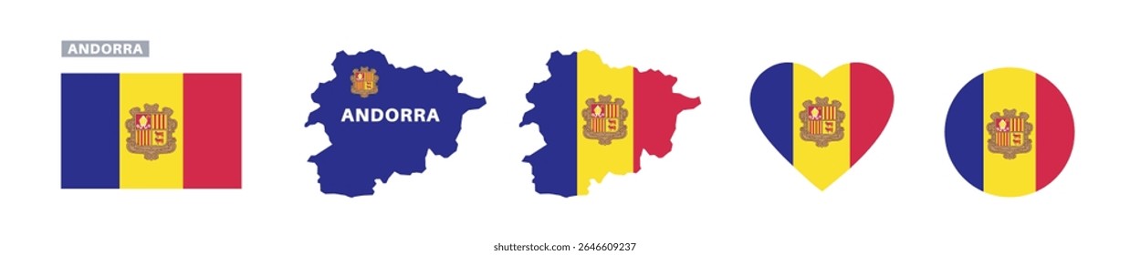 andorra flag and map set. andorra flag in official colors and proportions. dia da independência, mapa, círculo e coração em forma andorra