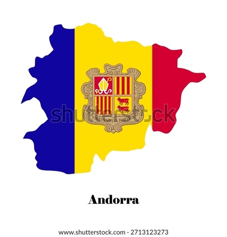 Andorra Flag Map Vector. A vector map of Andorra filled with the national tricolor flag and coat of arms. Suitable for travel designs, educational materials, European region graphics