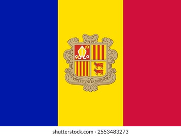 Andorra flag in official colors, dimensions and aspect ratio. Vector flag symbolizing national pride, identity, heritage, patriotism and authority