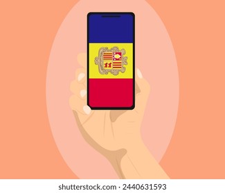 Andorra flag on mobile phone screen, holding smartphone, advertising social media or banner concept, Andorra flag showing on phone screen, technology news idea