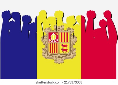 Andorra flag with raised protest hands vector, country flag logo, Andorra protesting concept, flat design, against idea