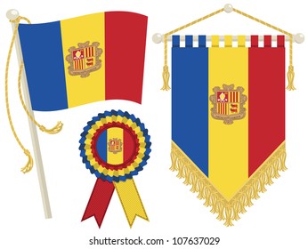 andorra flag, rosette and pennant, isolated on white
