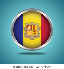  The Andorra flag. Round glossy. Silver frame. Isolated on color gradient background