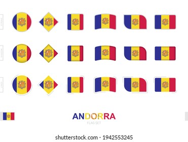 Andorra flag set, simple flags of Andorra with three different effects. Vector illustration.