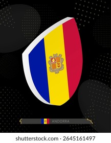 Andorra Flag Shield icon in 3D on Dark Modern Abstract Rugby Background. Perfect for sports events, heritage themes, national celebrations, and patriotic designs.