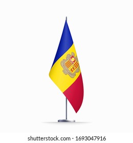 Andorra flag state symbol isolated on background national banner. Greeting card National Independence Day of the Principality of Andorra. Illustration banner with realistic state flag.