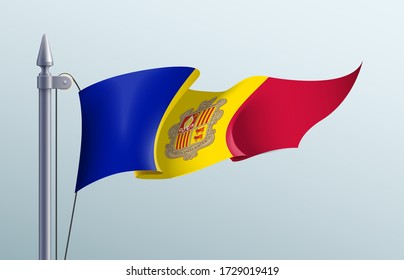 Andorra flag state symbol isolated on background national banner. Greeting card National Independence Day of the Principality of Andorra. Illustration banner with realistic state flag.