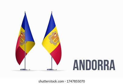 Andorra flag state symbol isolated on background national banner. Greeting card National Independence Day of the Principality of Andorra. Illustration banner with realistic state flag.